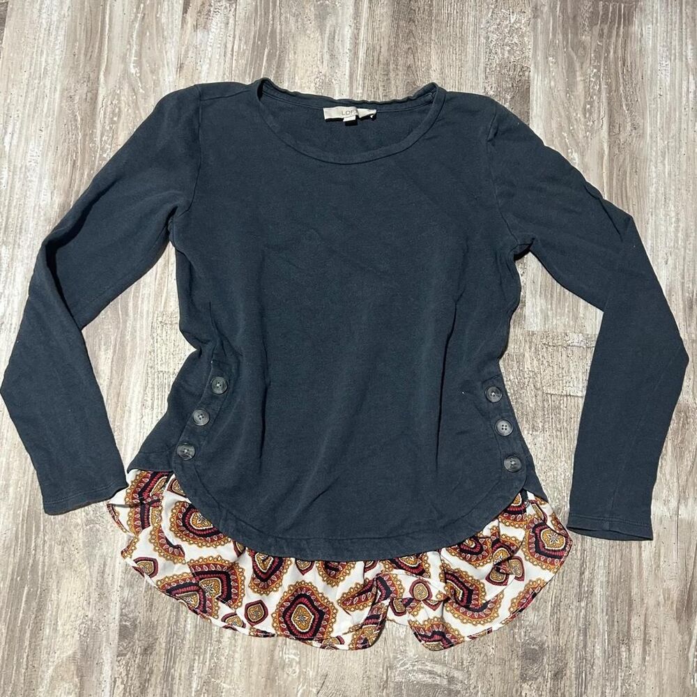 LOFT Women's gray long sleeve boho chic preppy top blouse